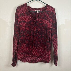 Lucky Brand Red Black Floral Blouse Sz Med Ruffle Y2K Boho Long Sleeve Buttons